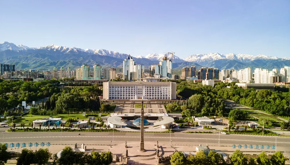 Photo of government buildings in Almaty to illustrate a story about crypto's development in Kazakhstan.